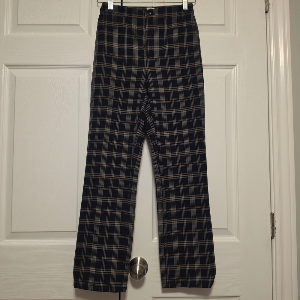 Sunday Best Plaid High Waisted Straight Leg Trousers Navy Blue Tan Size 0